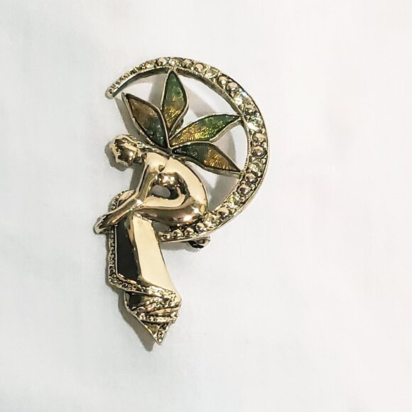 Liz Claiborne Jewelry - Liz Claiborne Fairy Crescent Moon Gold Tone Brooch Pin 2" Rhinestone Enamel